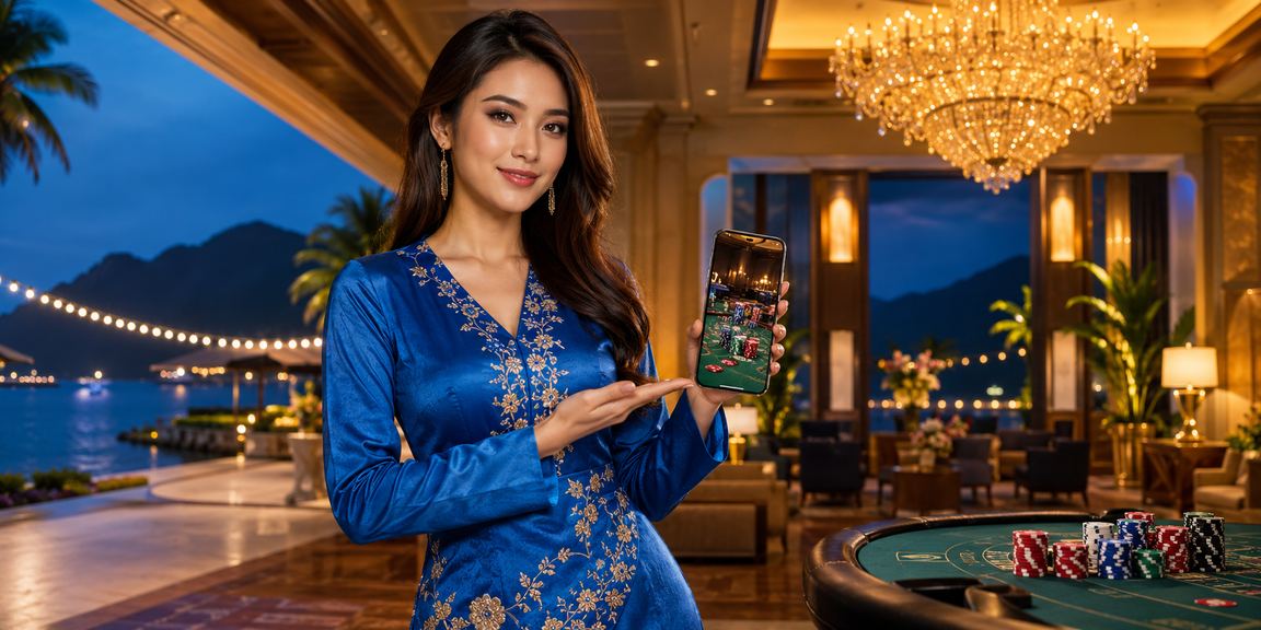 Pengguna Malaysia mengunakan platform tc105x melalui telefon pintar sambil memakai baju kurung di Langkawi